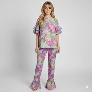 Vintage 60s Pink Purple Floral Hippie Short Sleeve Ruffled Pant Suit - XS/24"